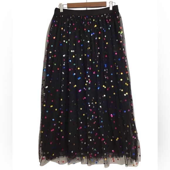 Black A-Line High Waist Mesh Maxi Skirt Multi Colored Dot Pull-On Maxi Size 1XL - Picture 1 of 7